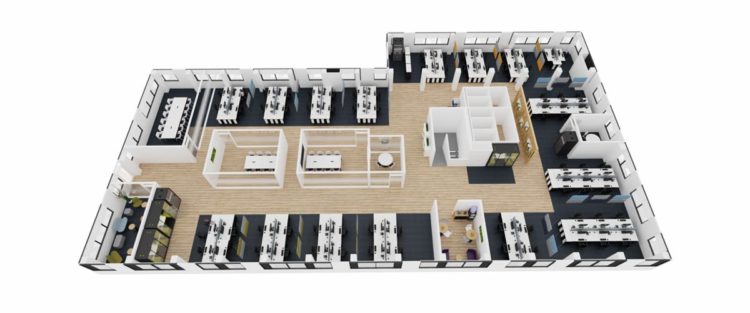 Maquette 3D de l'intégralité de l'aménagement des bureaux professionnels du projet M par Global Concept